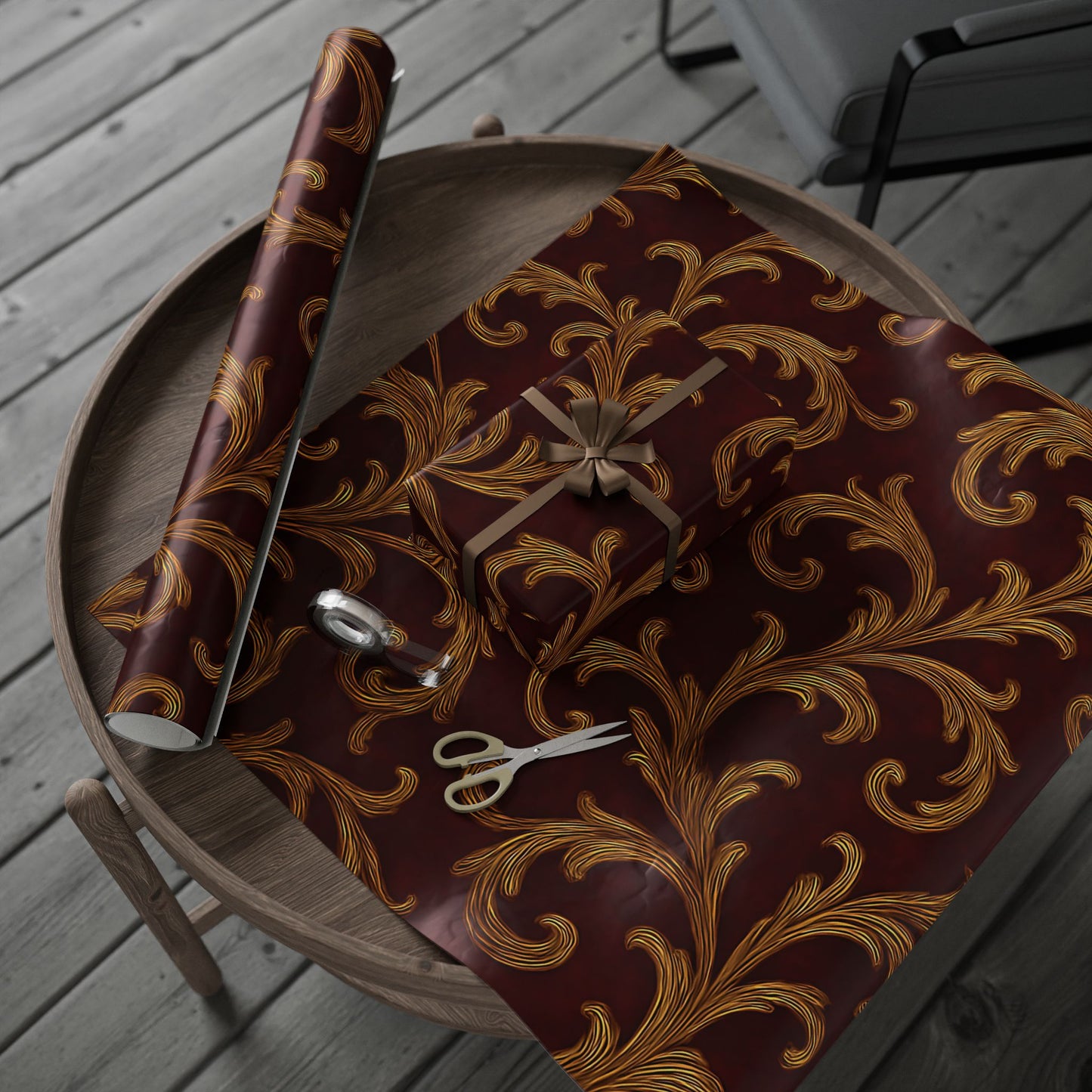 Burgundy & Gold Baroque Scroll Wrapping Paper – Luxurious Gift Wrap in Glossy or Matte Finish