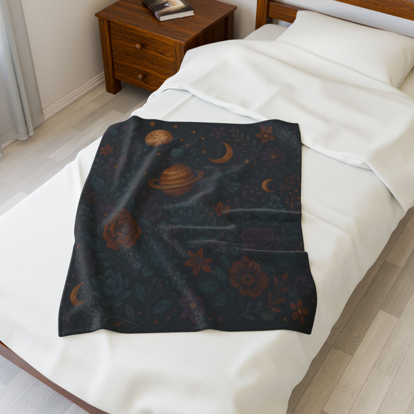 Celestial Garden Velveteen Plush Blanket – Planets, Flowers & Stars Design