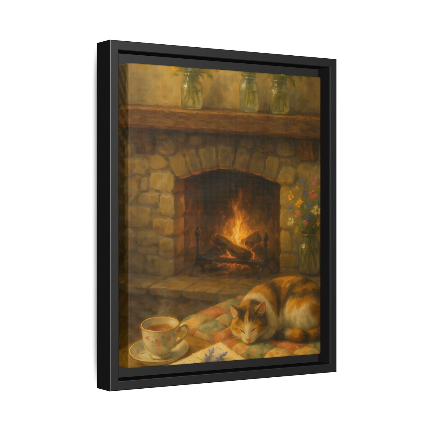 Hearthside Comfort – Framed Matte Canvas with Cat, Fireplace & Tea
