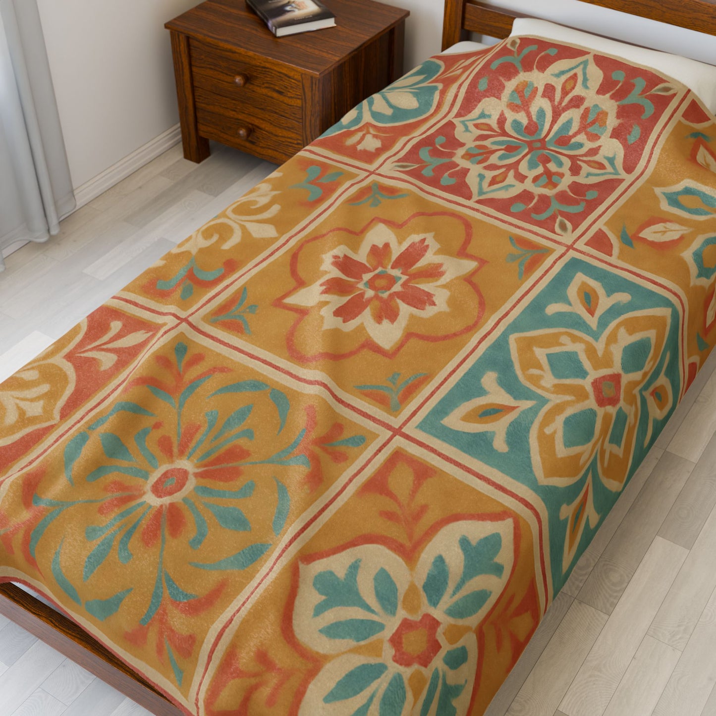 Spanish Tile Pattern Velveteen Plush Blanket – Warm Earth Tones