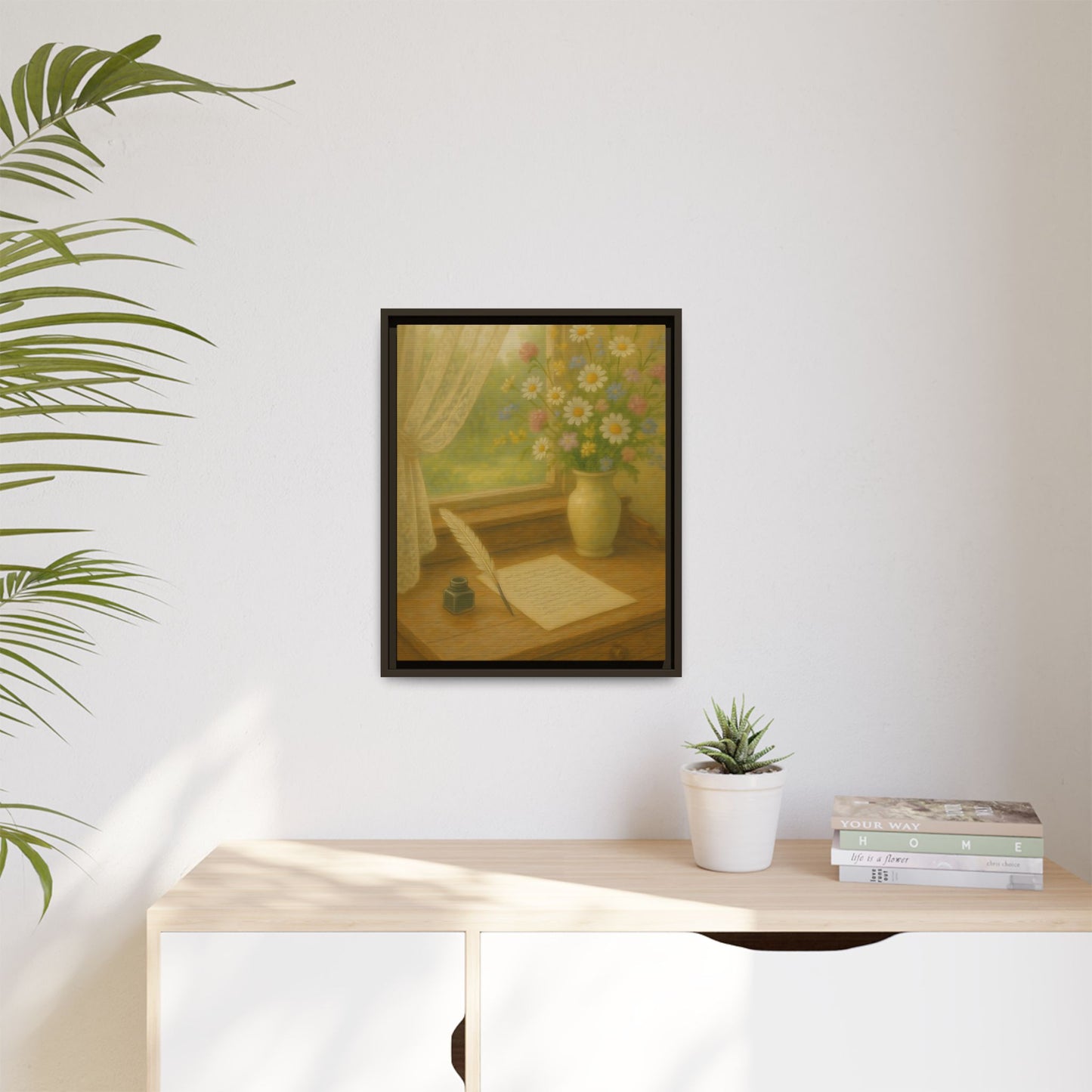 Sunlit Writing Desk – Framed Matte Canvas Art of Quill, Flowers & Lace Window