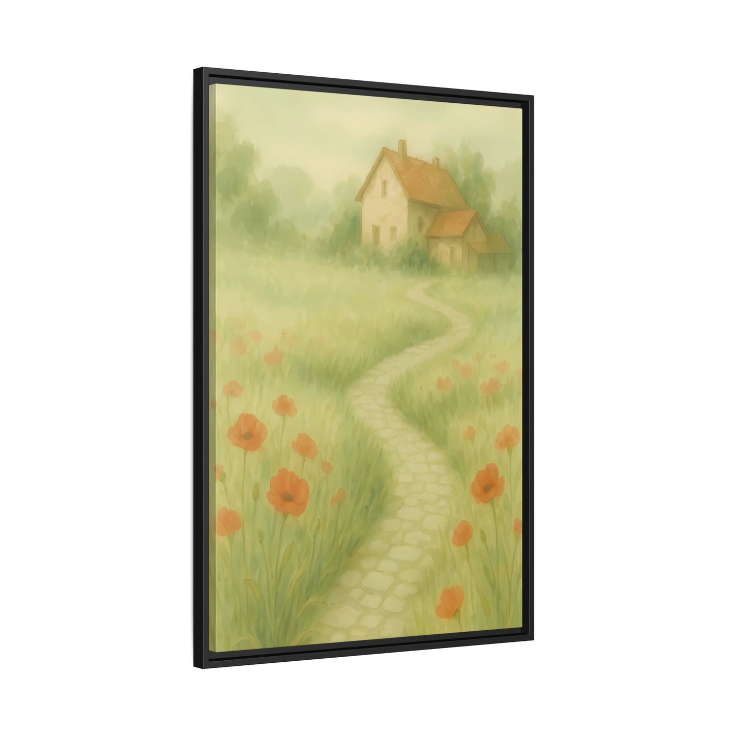 Poppy Path to Home – Framed Matte Canvas of Cottage & Flower Field Landscape