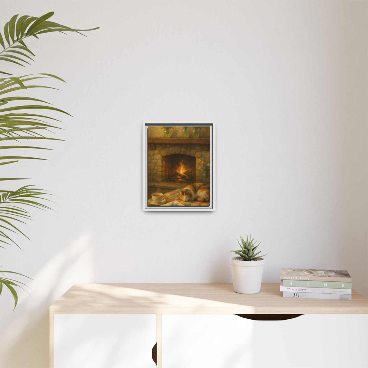 Hearthside Comfort – Framed Matte Canvas with Cat, Fireplace & Tea