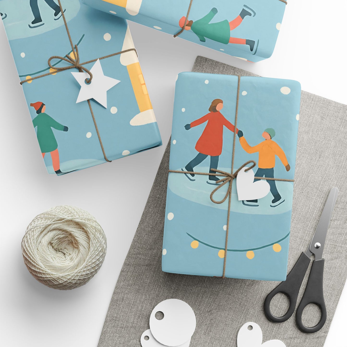 Pastel Winter Village Wrapping Paper with Ice Skaters – Holiday Gift Wrap in Matte or Glossy