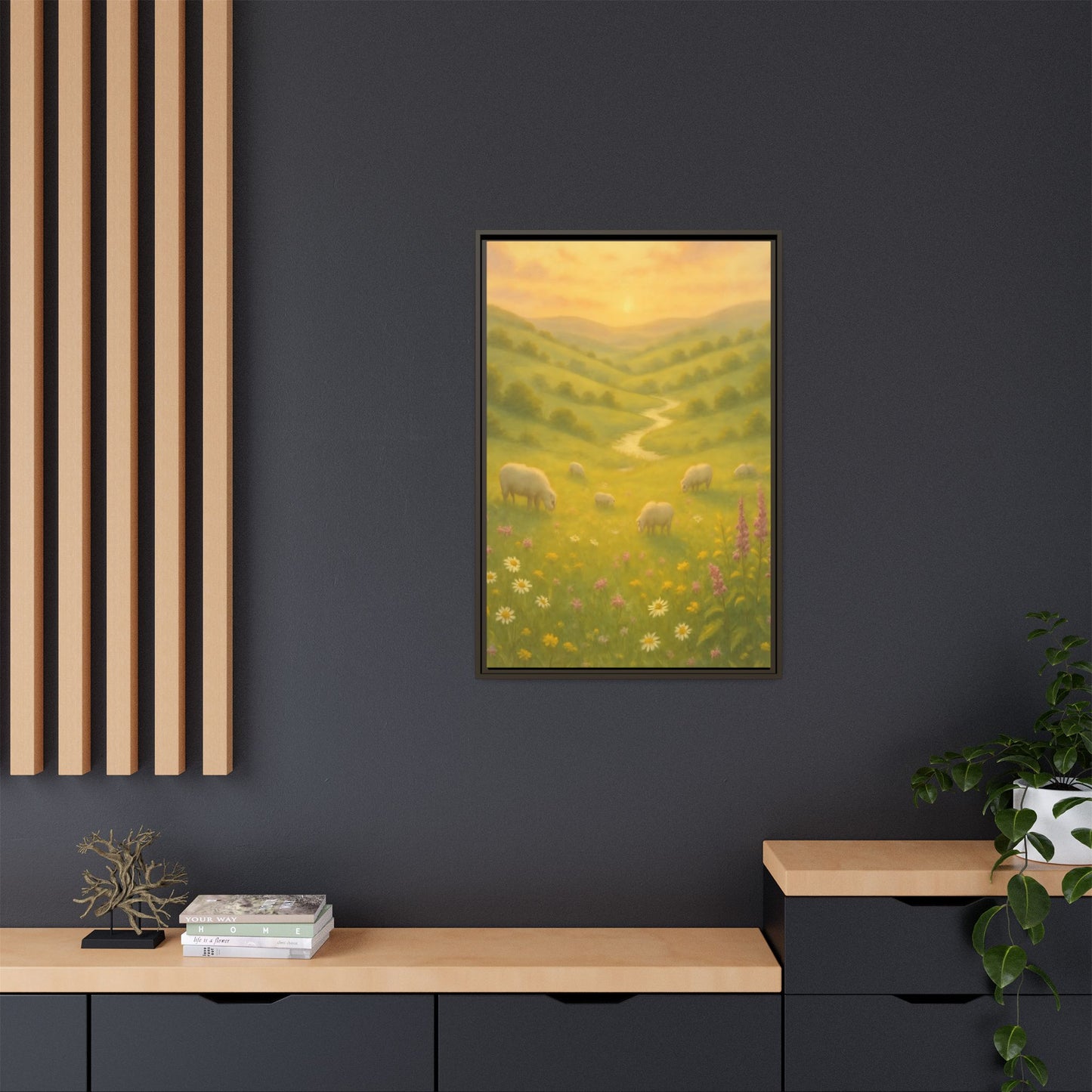 Golden Meadow Sunrise – Framed Matte Canvas Pastoral Landscape Art