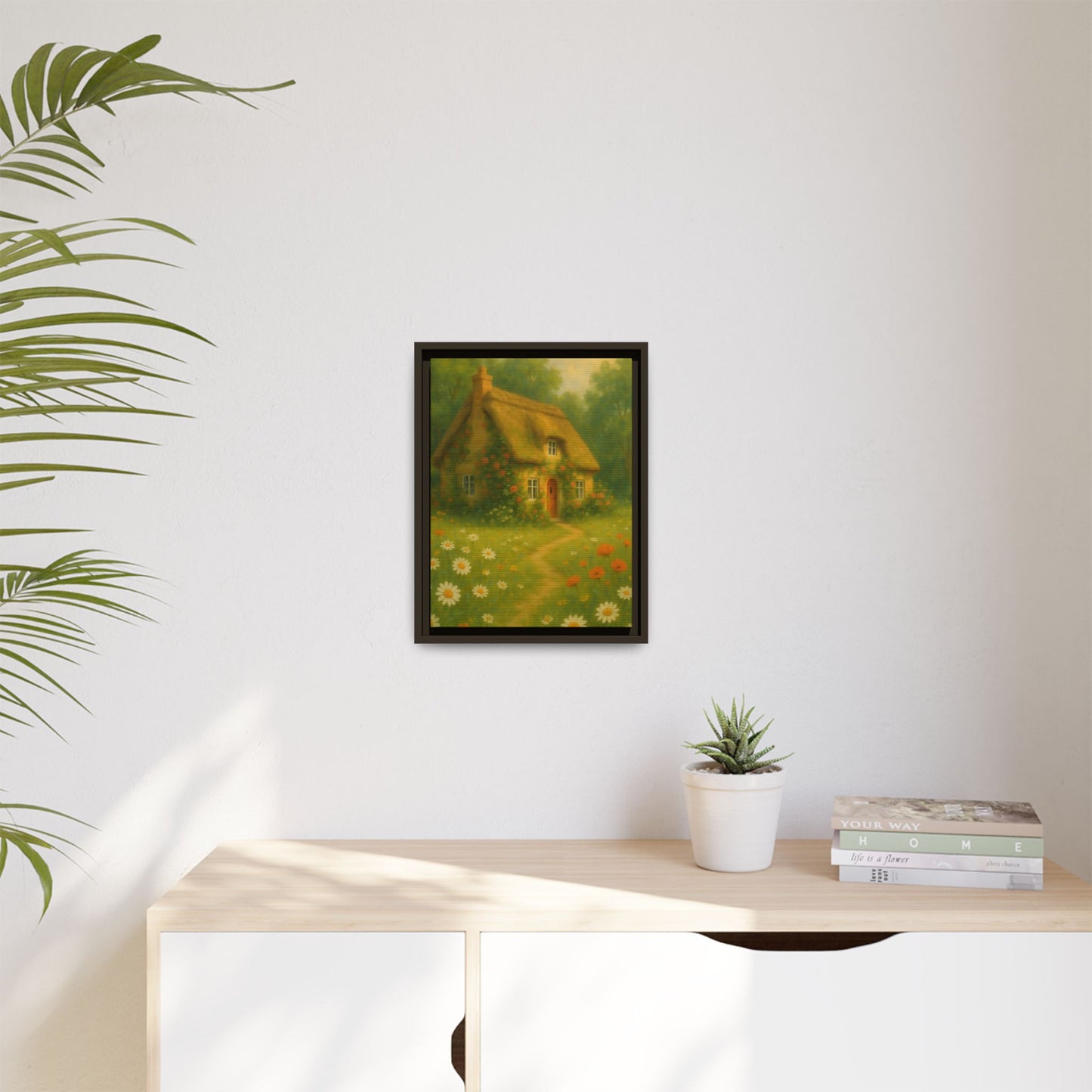 Cottage in Bloom – Framed Matte Canvas Art of Thatched Cottage & Wildflowers