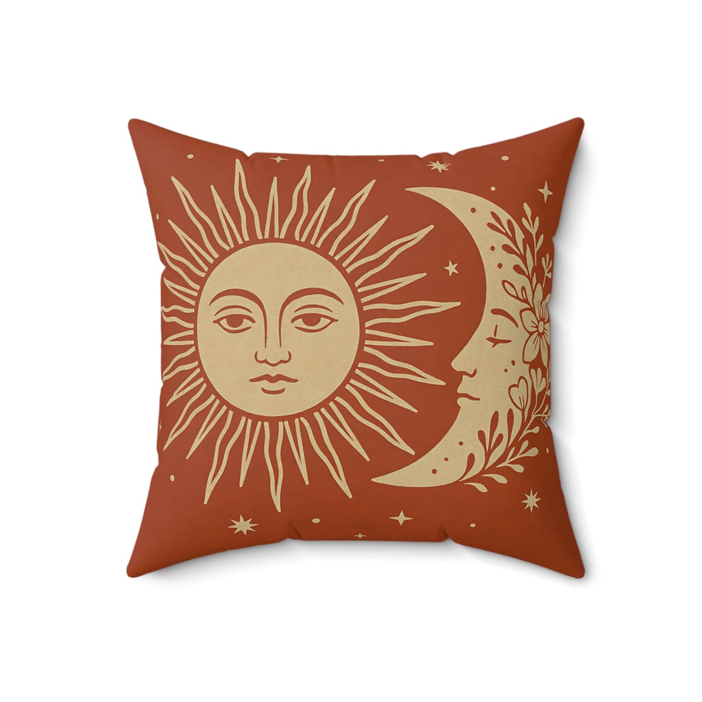 Celestial Sun & Moon Throw Pillow – Boho Decorative Cushion in Terracotta with Double-Sided Print
