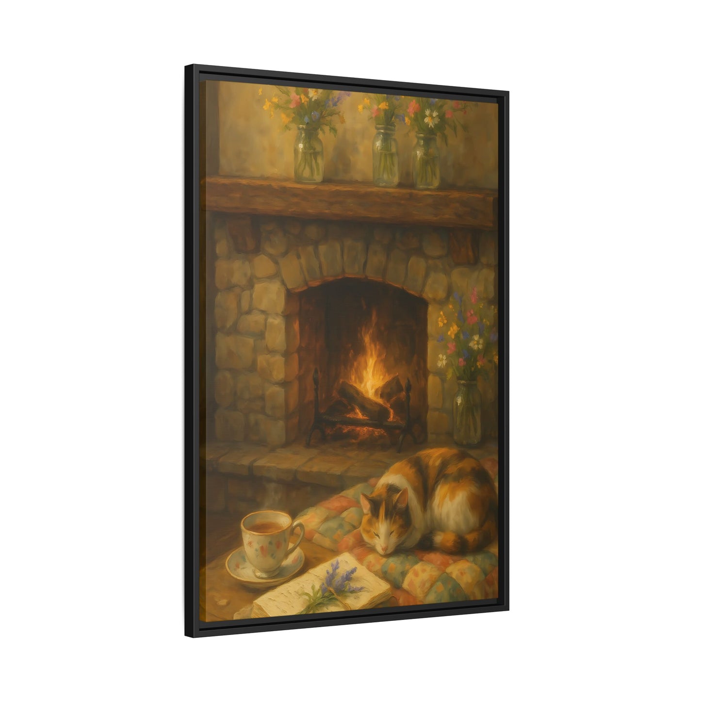 Hearthside Comfort – Framed Matte Canvas with Cat, Fireplace & Tea