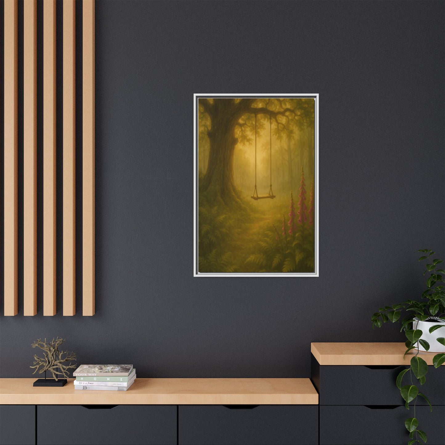 Golden Forest Swing – Framed Matte Canvas Woodland Wall Art