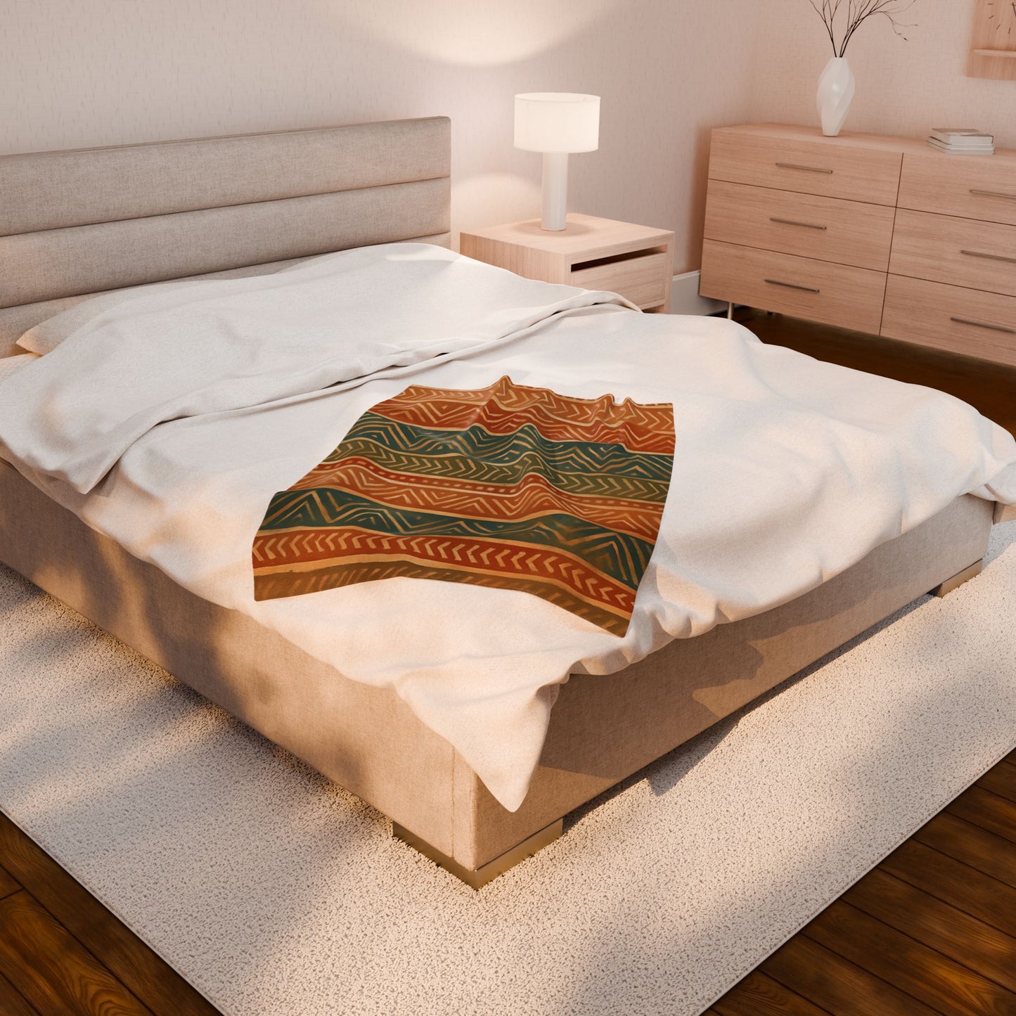 Tribal Aztec Velveteen Plush Blanket - Soft Boho Throw with Earth Tones and a Vibrant Geometric Print
