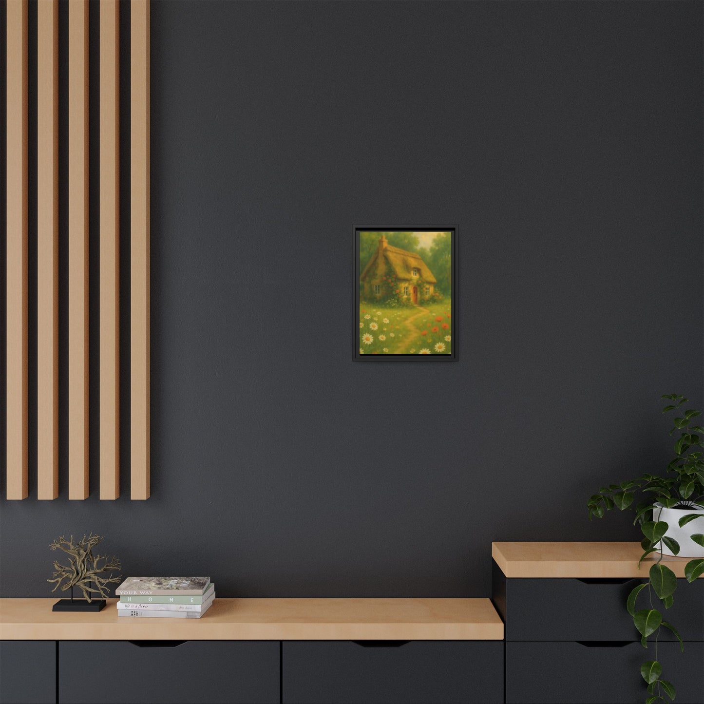 Cottage in Bloom – Framed Matte Canvas Art of Thatched Cottage & Wildflowers