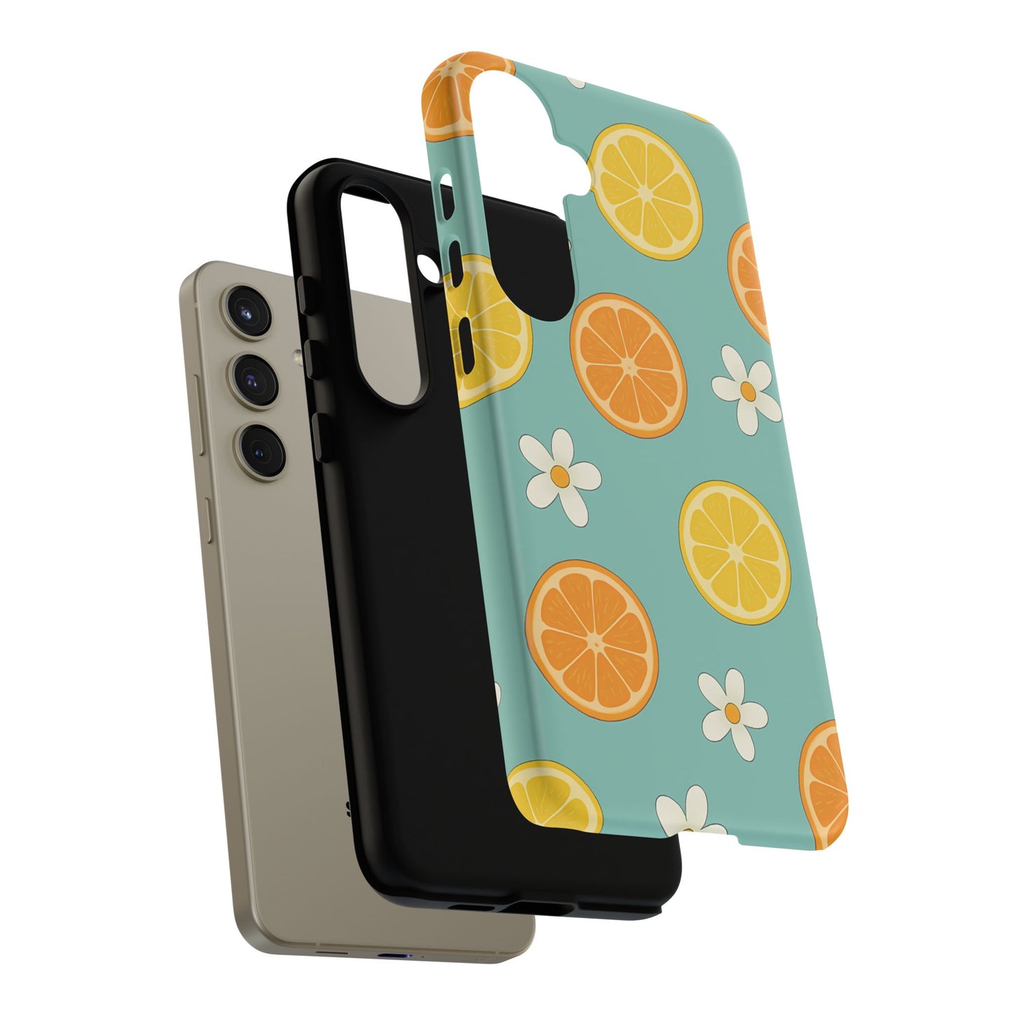 Citrus Bloom Phone Case – Orange, Lemon & Daisy Pattern on Teal