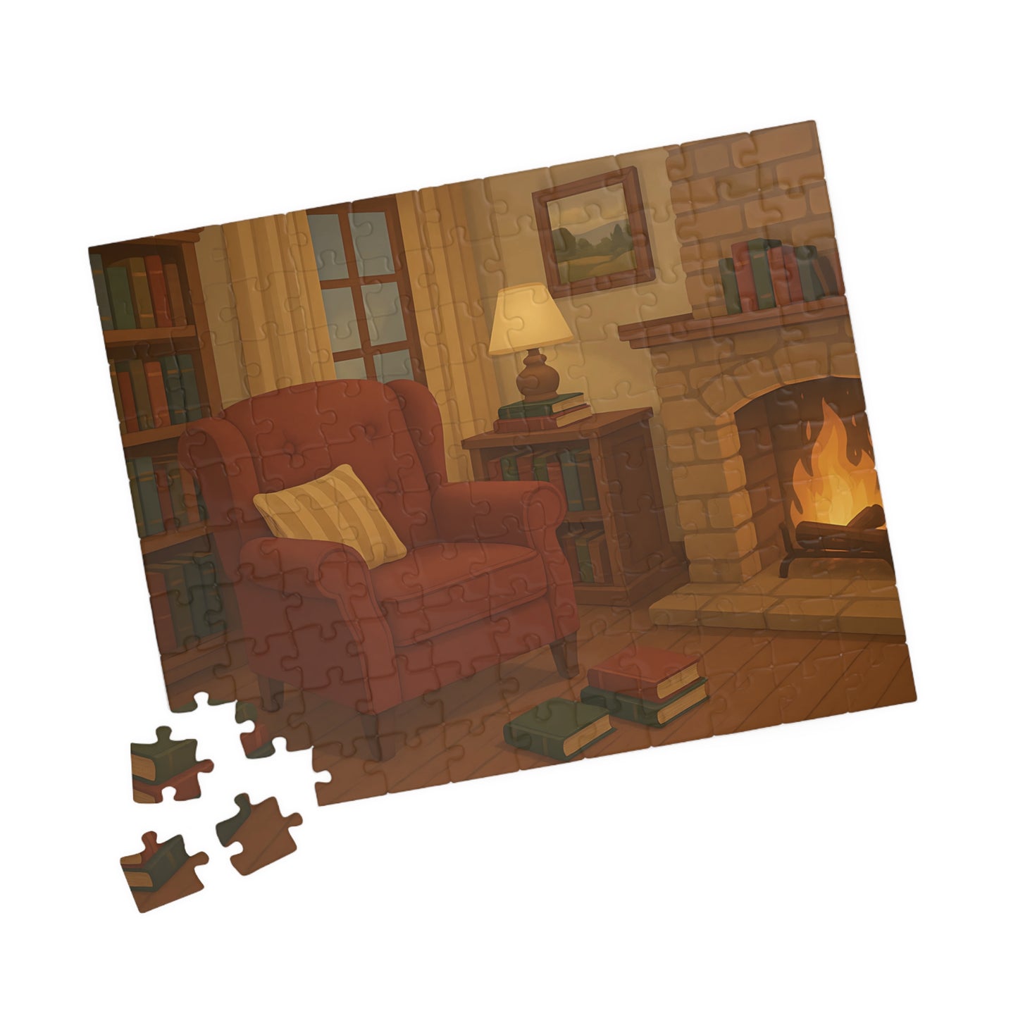 Cozy Reading Nook Jigsaw Puzzle – Fireplace & Armchair Scene