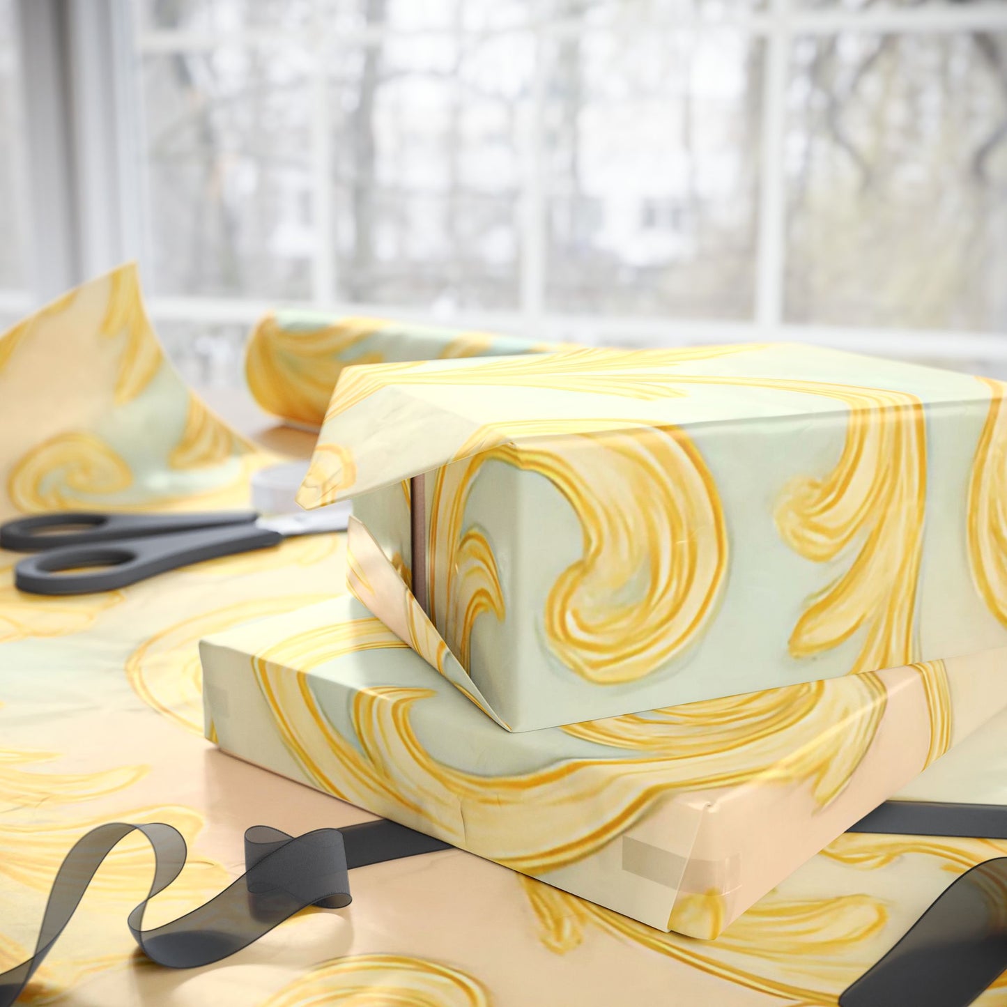 Baroque Gold Scroll Wrapping Paper – Luxury Gift Wrap in Glossy or Matte Finish