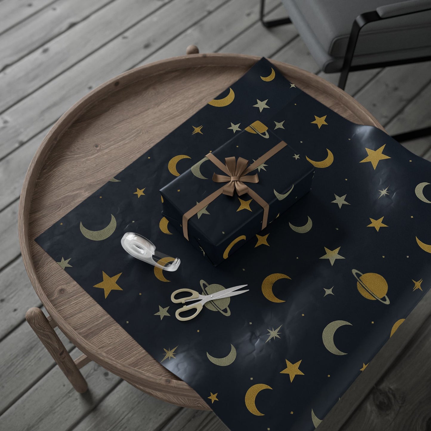 Celestial Night Sky Wrapping Paper – Moons, Stars & Planets on Midnight Blue