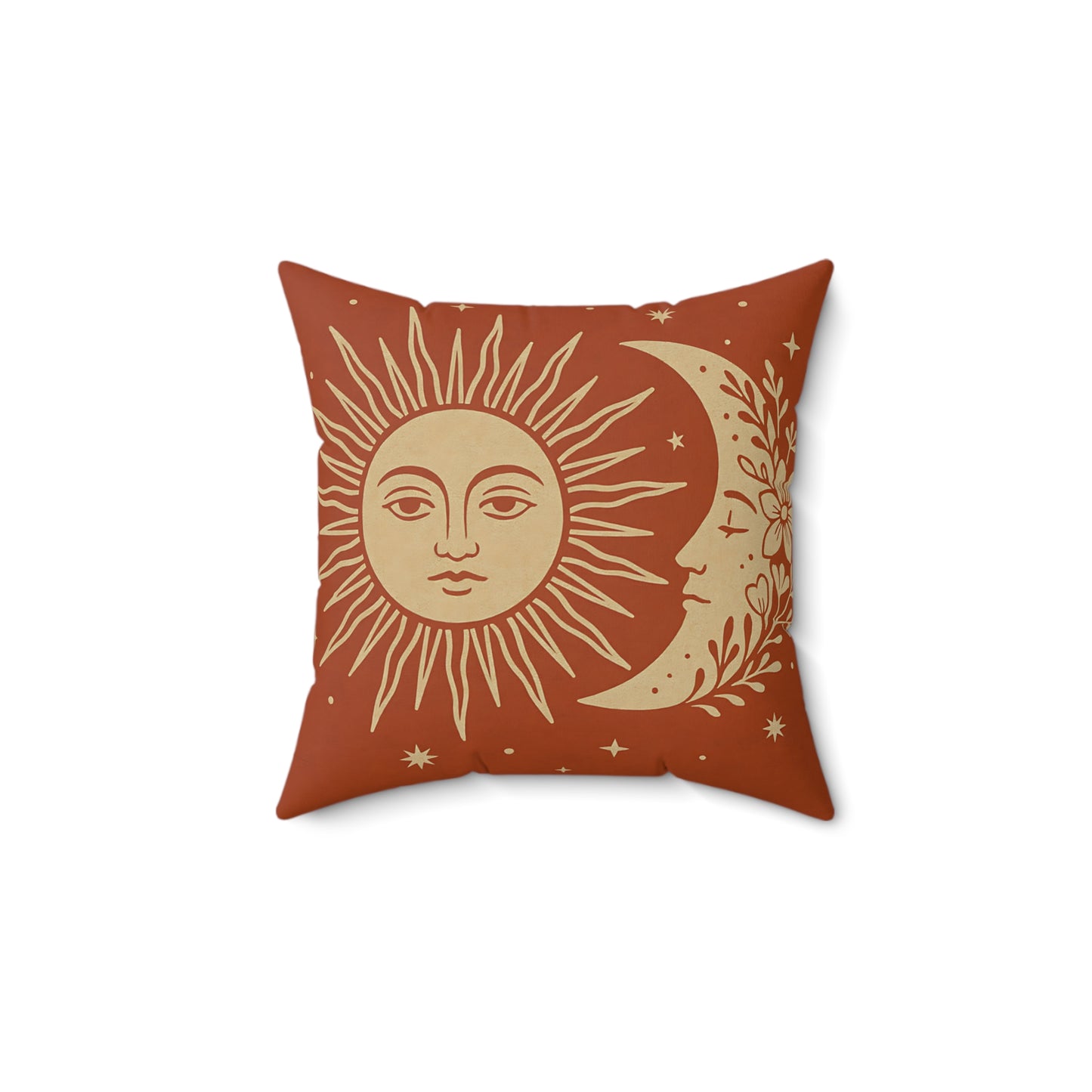 Celestial Sun & Moon Throw Pillow – Boho Decorative Cushion in Terracotta with Double-Sided Print