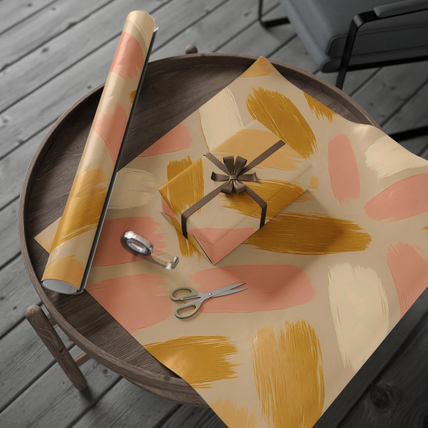 Golden Blush Brushstroke Wrapping Paper – Luxurious Abstract Gift Wrap