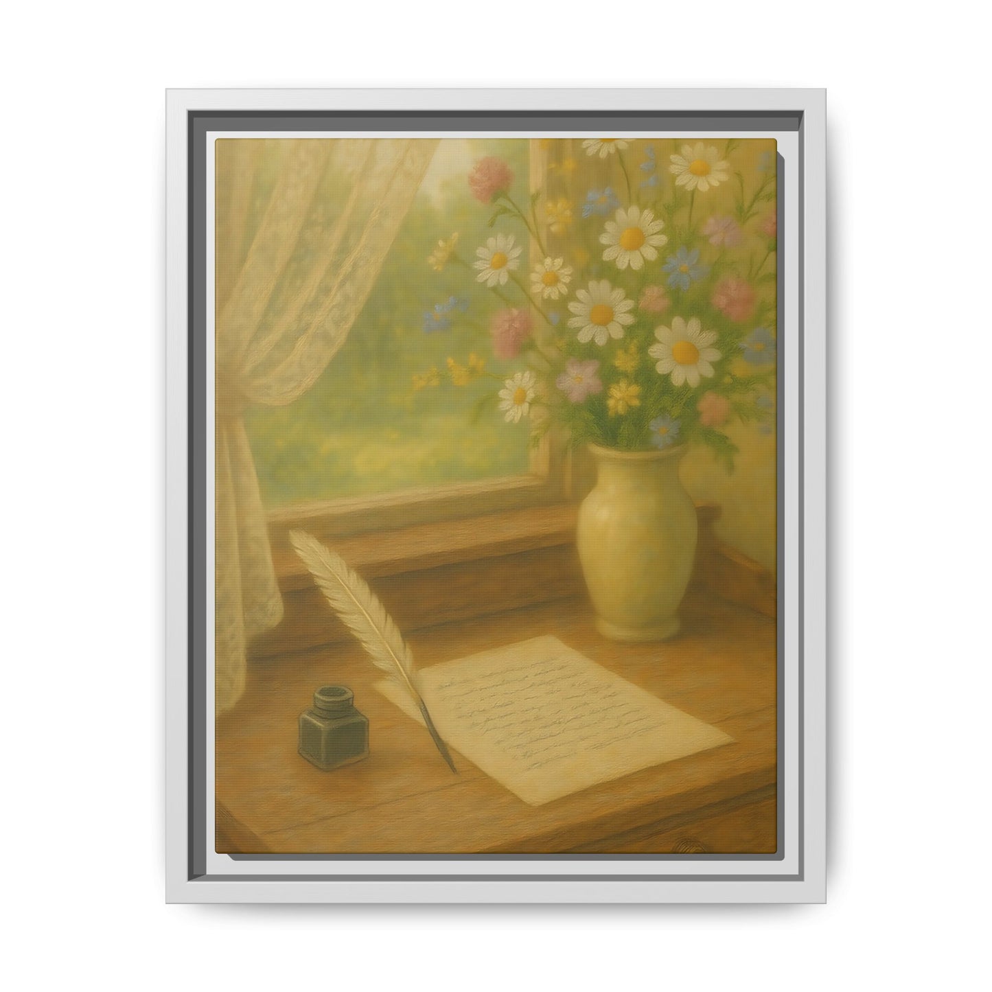 Sunlit Writing Desk – Framed Matte Canvas Art of Quill, Flowers & Lace Window