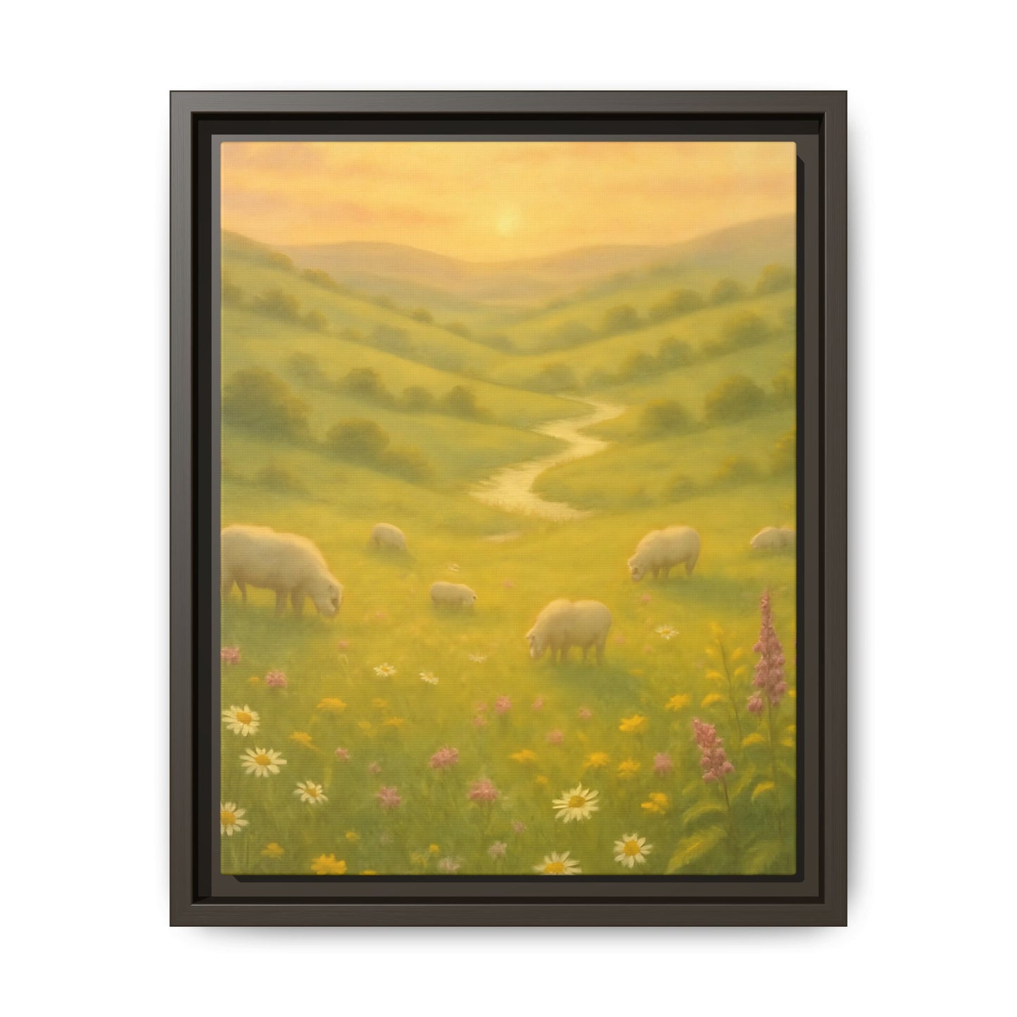 Golden Meadow Sunrise – Framed Matte Canvas Pastoral Landscape Art