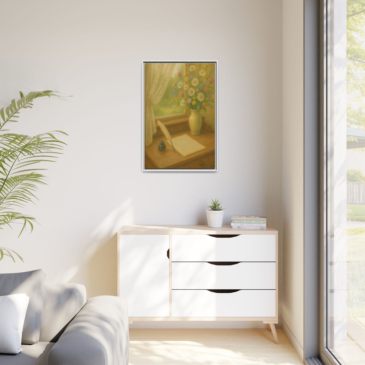Sunlit Writing Desk – Framed Matte Canvas Art of Quill, Flowers & Lace Window