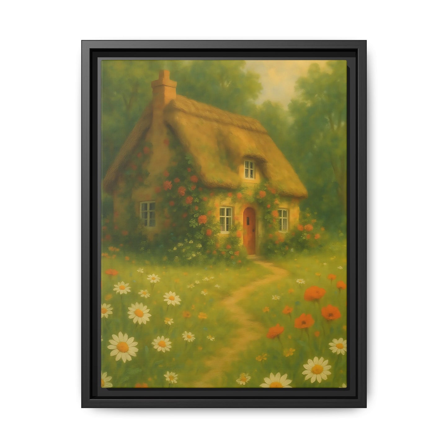 Cottage in Bloom – Framed Matte Canvas Art of Thatched Cottage & Wildflowers