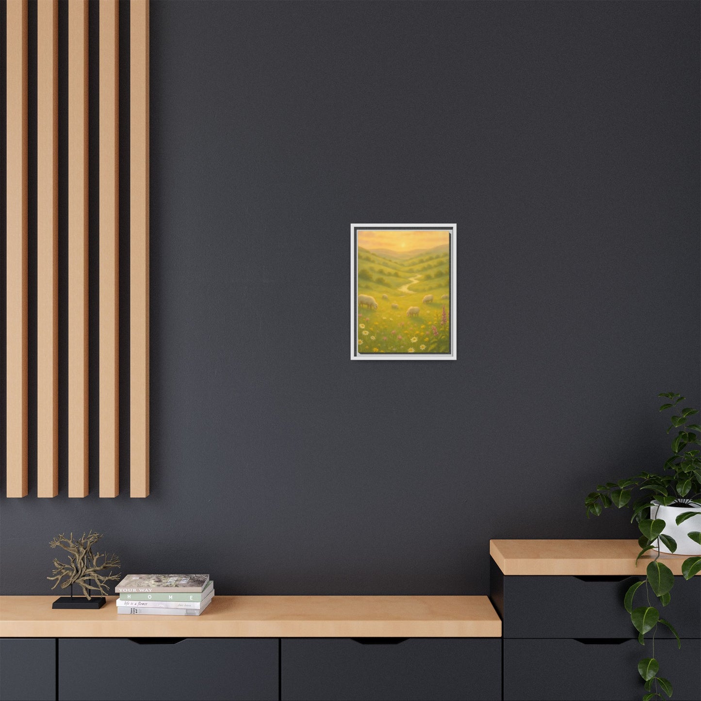 Golden Meadow Sunrise – Framed Matte Canvas Pastoral Landscape Art