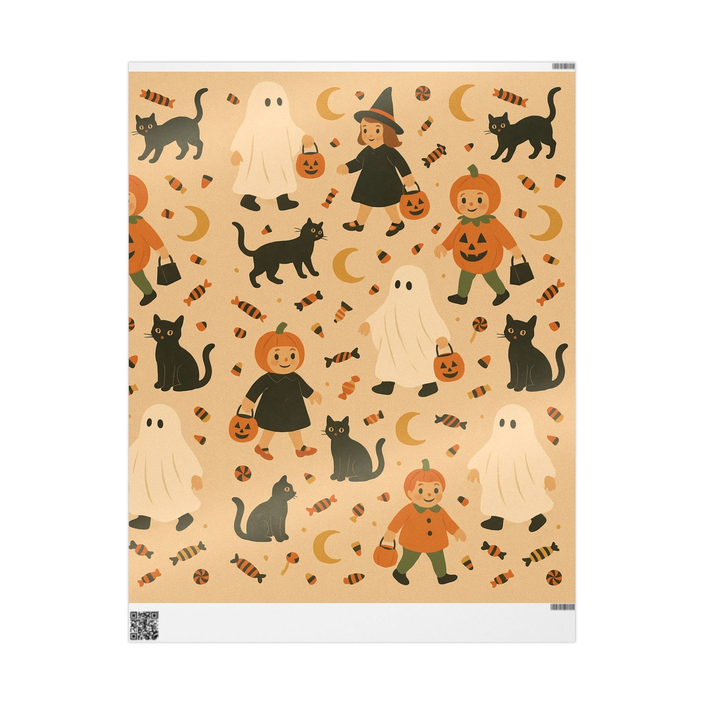 Vintage Halloween Wrapping Paper – Cute Ghosts, Witches, and Black Cats on Parchment Background