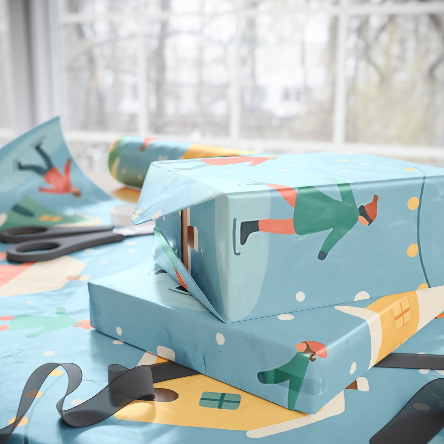 Pastel Winter Village Wrapping Paper with Ice Skaters – Holiday Gift Wrap in Matte or Glossy