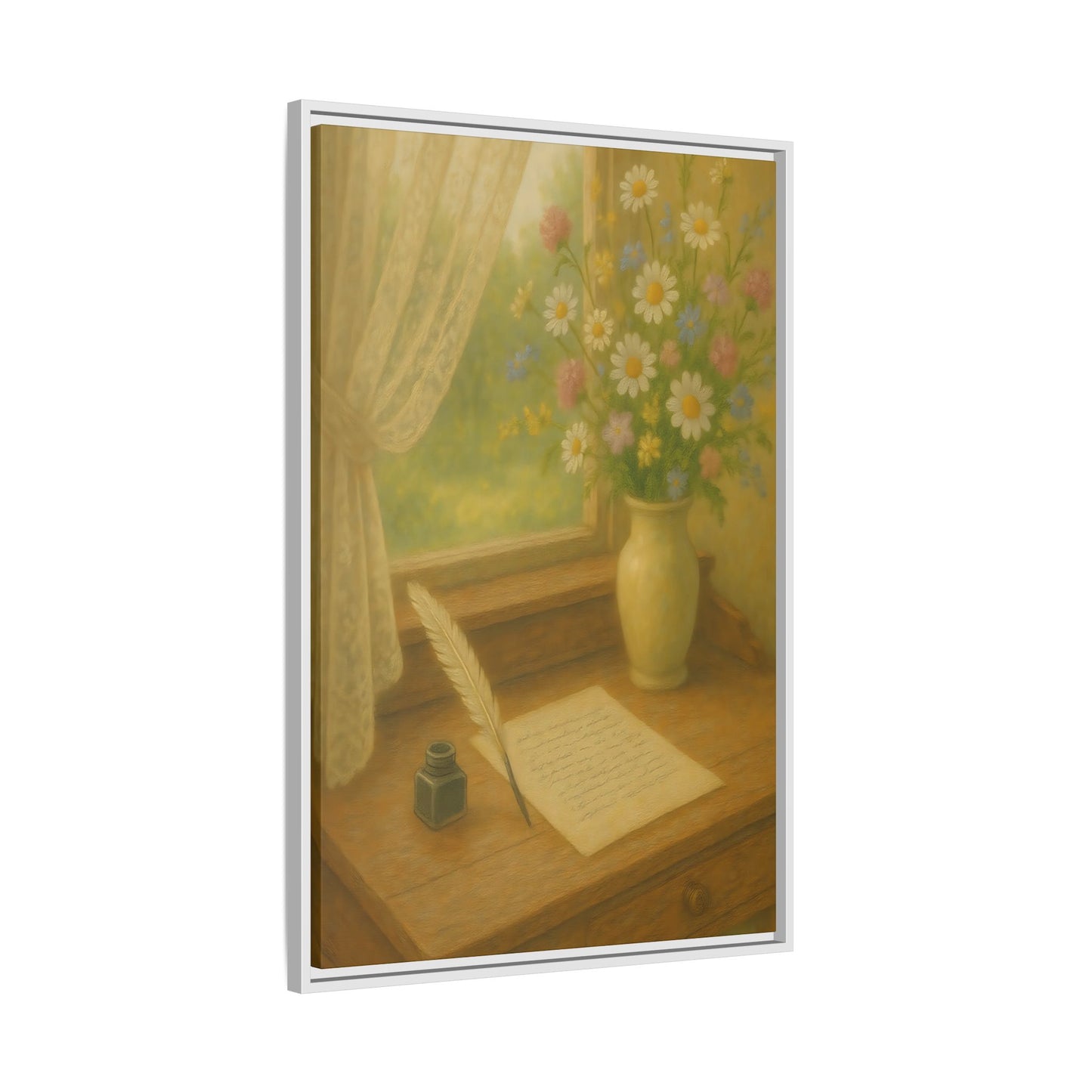Sunlit Writing Desk – Framed Matte Canvas Art of Quill, Flowers & Lace Window