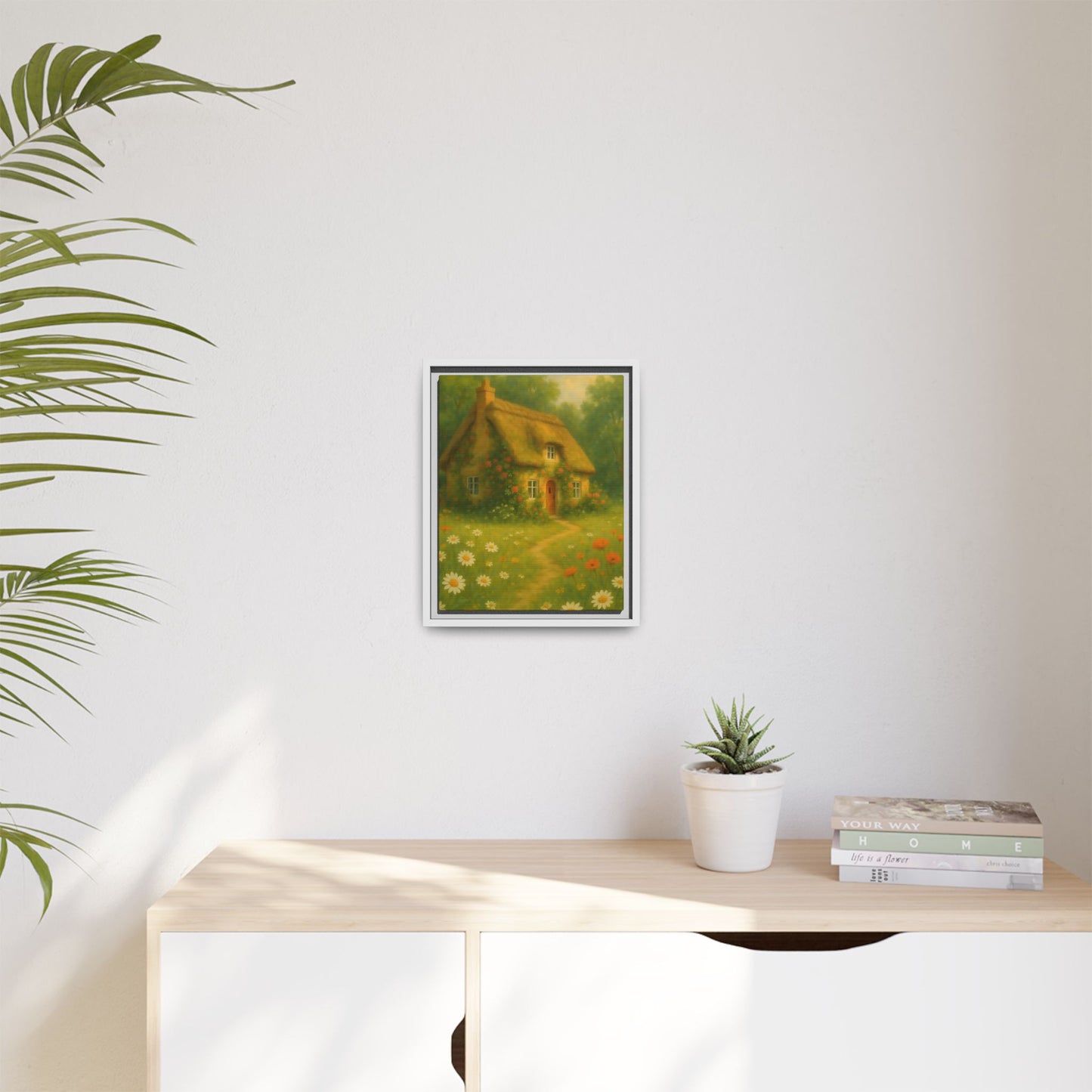Cottage in Bloom – Framed Matte Canvas Art of Thatched Cottage & Wildflowers