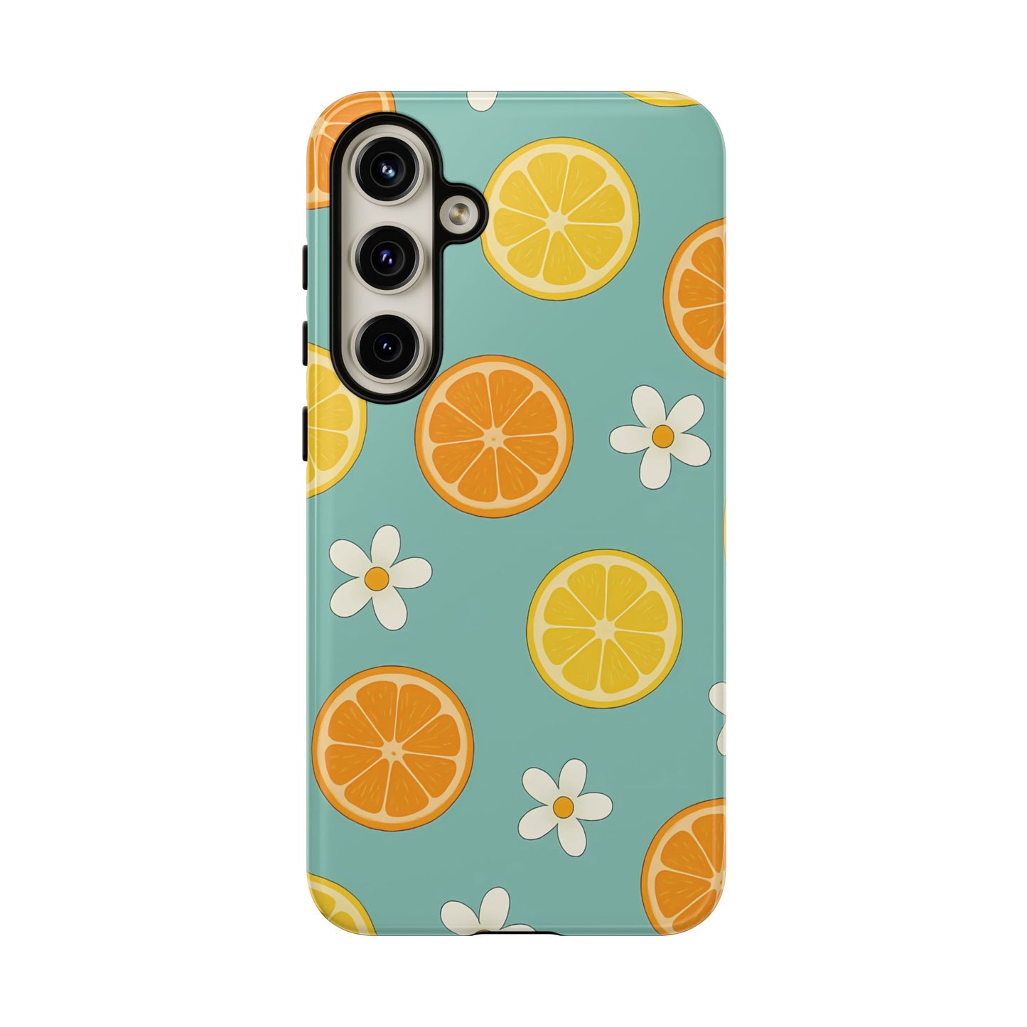 Citrus Bloom Phone Case – Orange, Lemon & Daisy Pattern on Teal