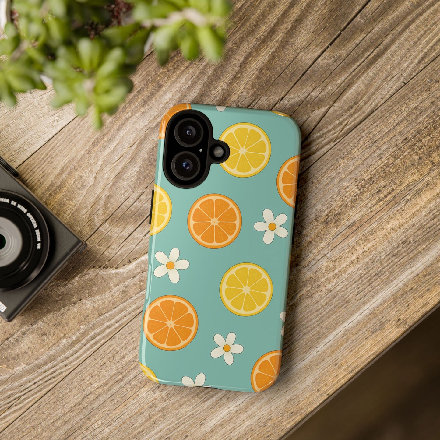 Citrus Bloom Phone Case – Orange, Lemon & Daisy Pattern on Teal