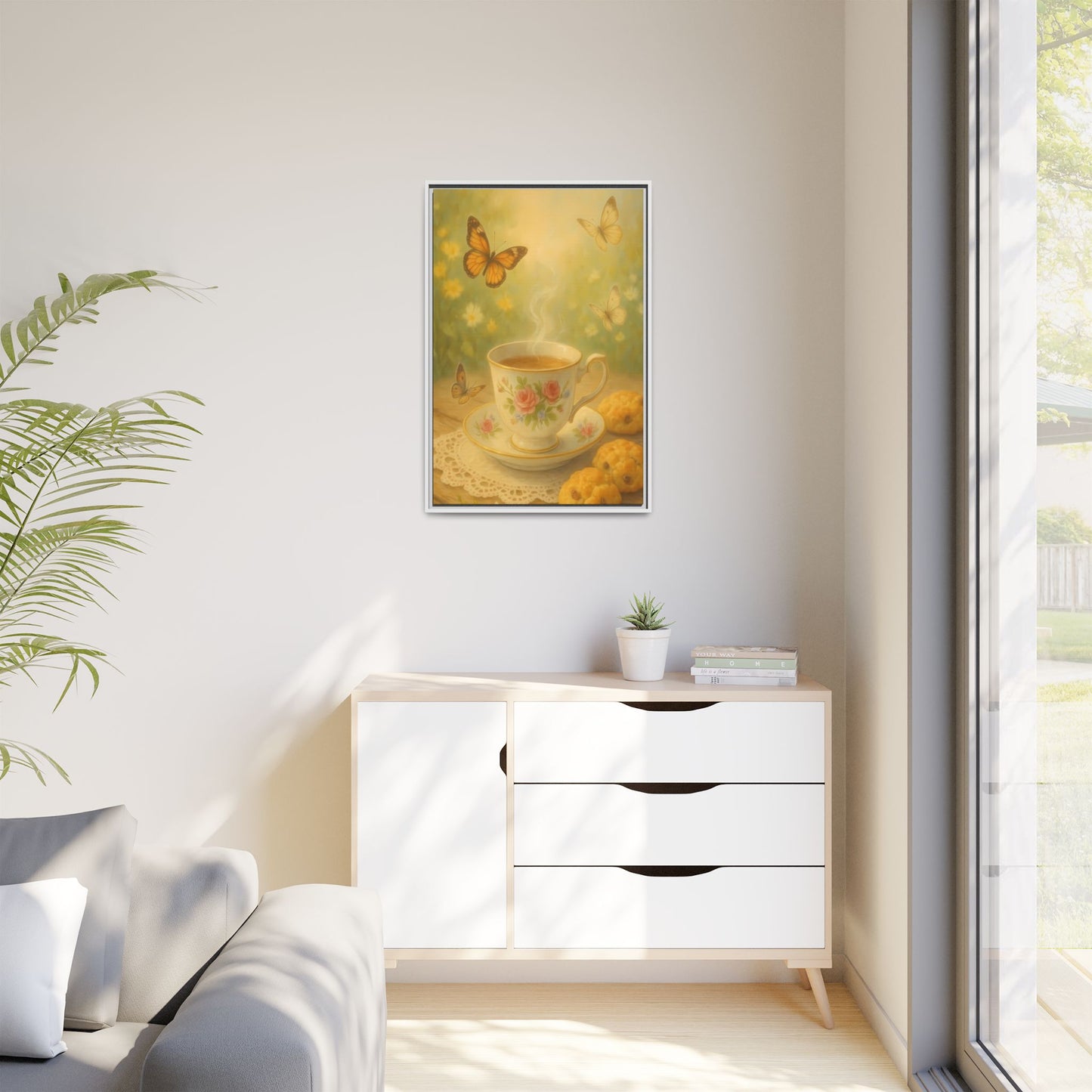 Tea & Butterflies – Framed Matte Canvas of Vintage Teacup and Garden Scene