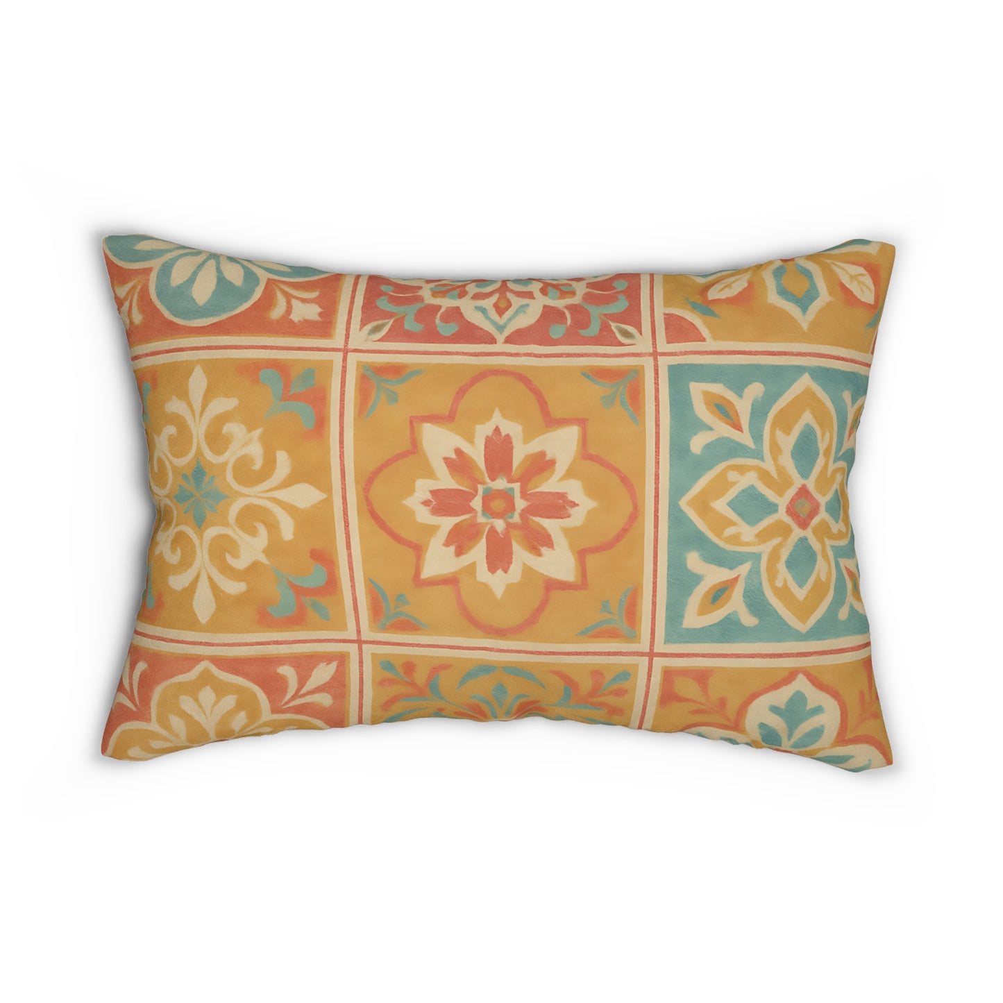Colorful Spanish Tile Pattern Lumbar Pillow – Boho Accent Cushion with Removable Cover