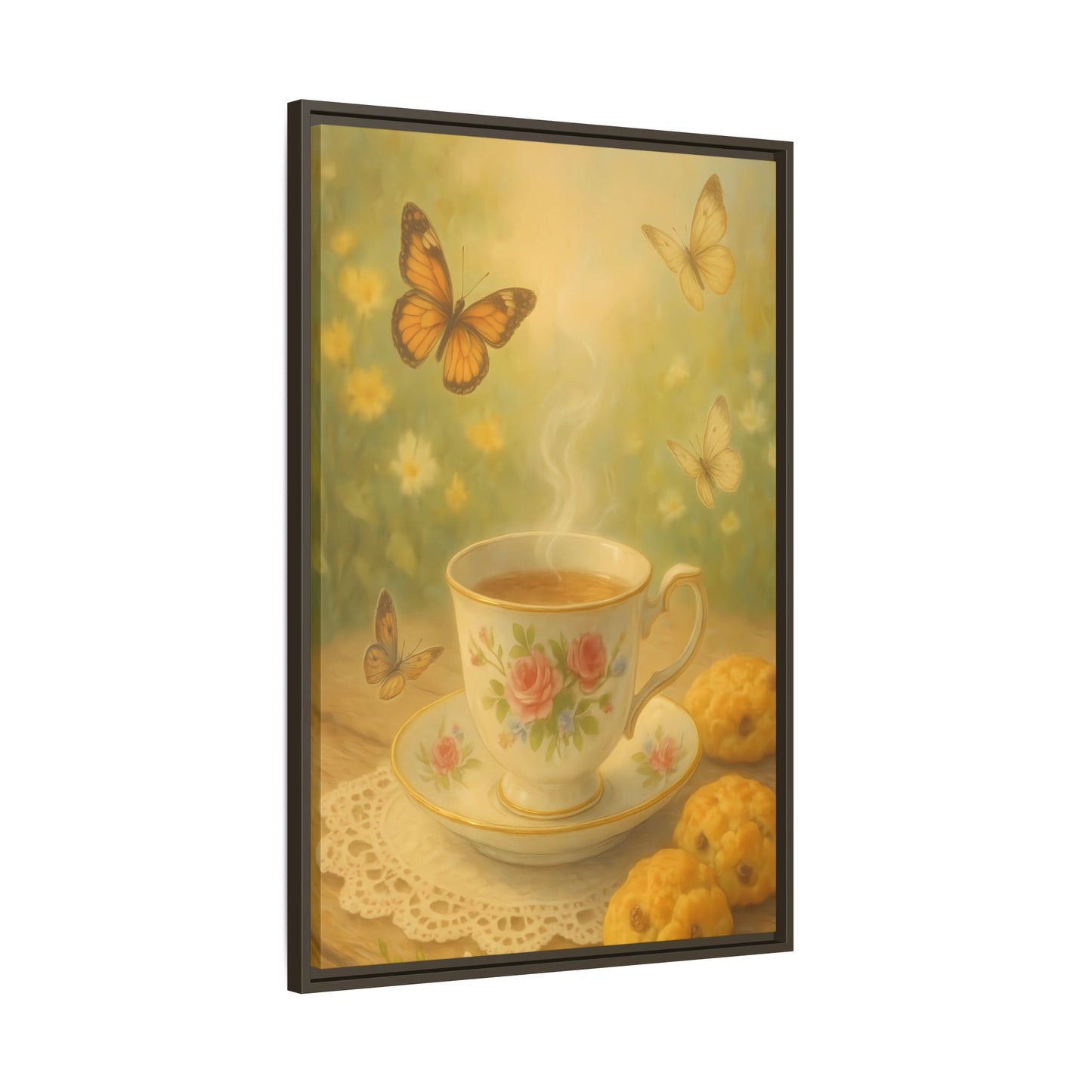 Tea & Butterflies – Framed Matte Canvas of Vintage Teacup and Garden Scene