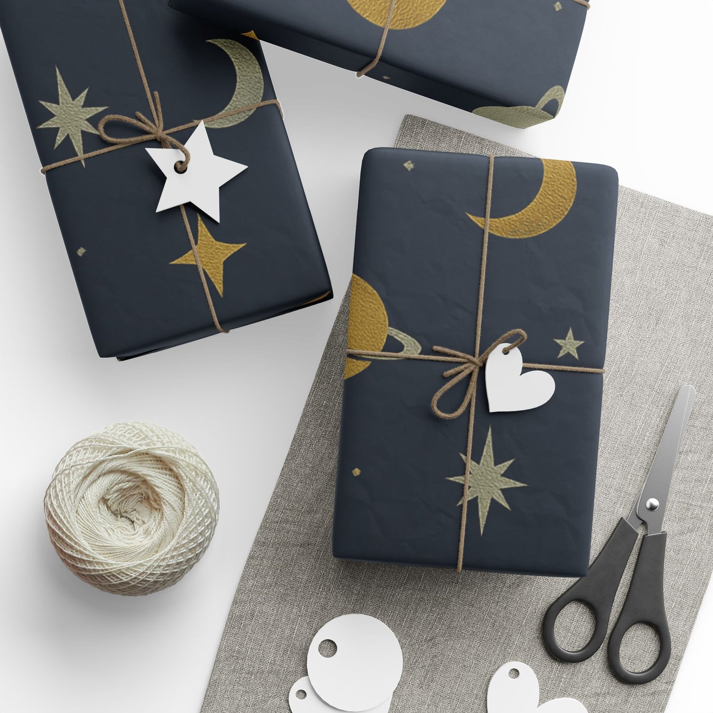 Celestial Night Sky Wrapping Paper – Moons, Stars & Planets on Midnight Blue