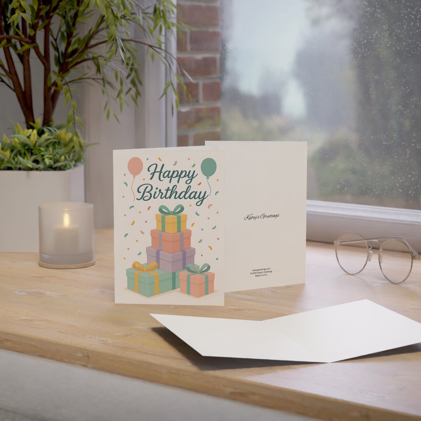 Blank Inside Happy Birthday Card with Pastel Gift Stack, Balloons & Confetti