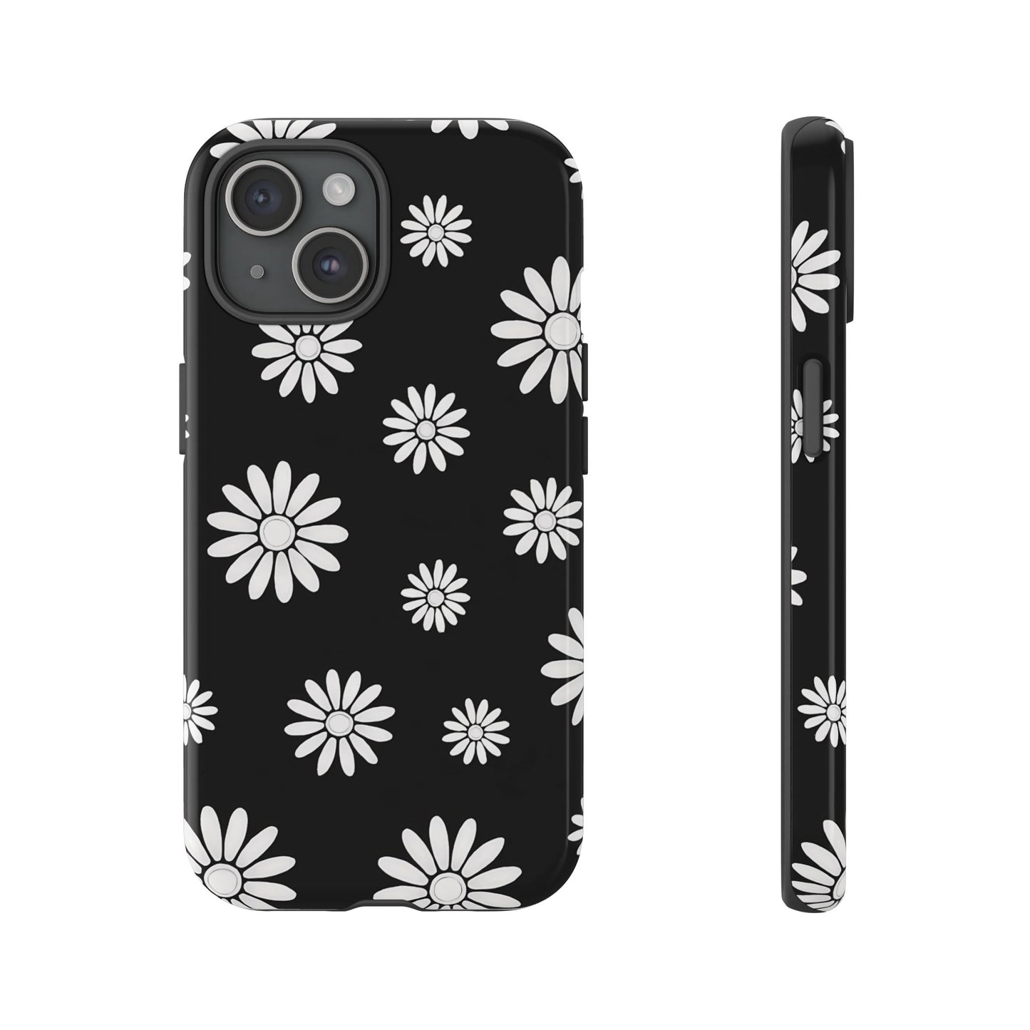 Retro Black & White Daisy Phone Case – Bold Floral Pattern with 3D Wrap Design