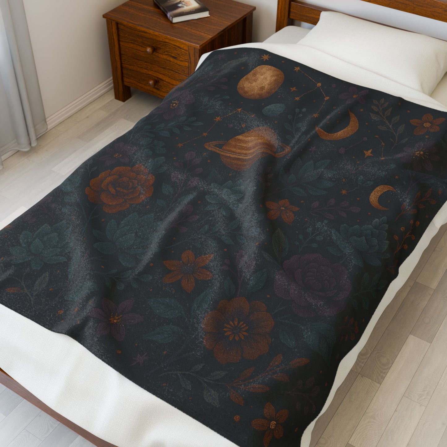 Celestial Garden Velveteen Plush Blanket – Planets, Flowers & Stars Design