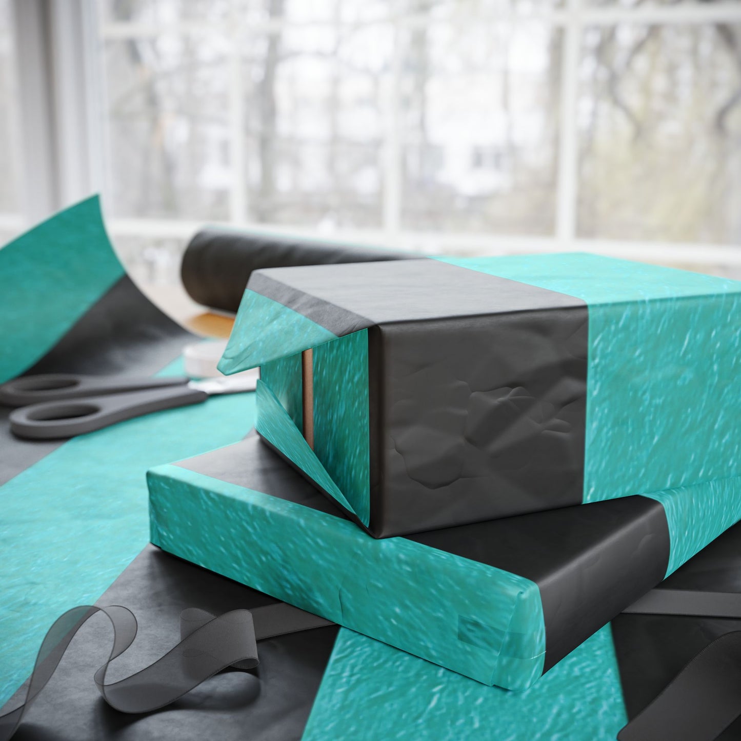 Black and Teal Striped Luxury Wrapping Paper – Glossy or Matte Finish, Durable 90gsm
