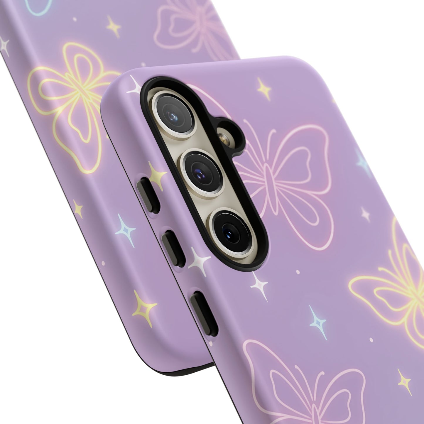 Pastel Butterfly Dream Phone Case – Purple Neon Glow with Stars