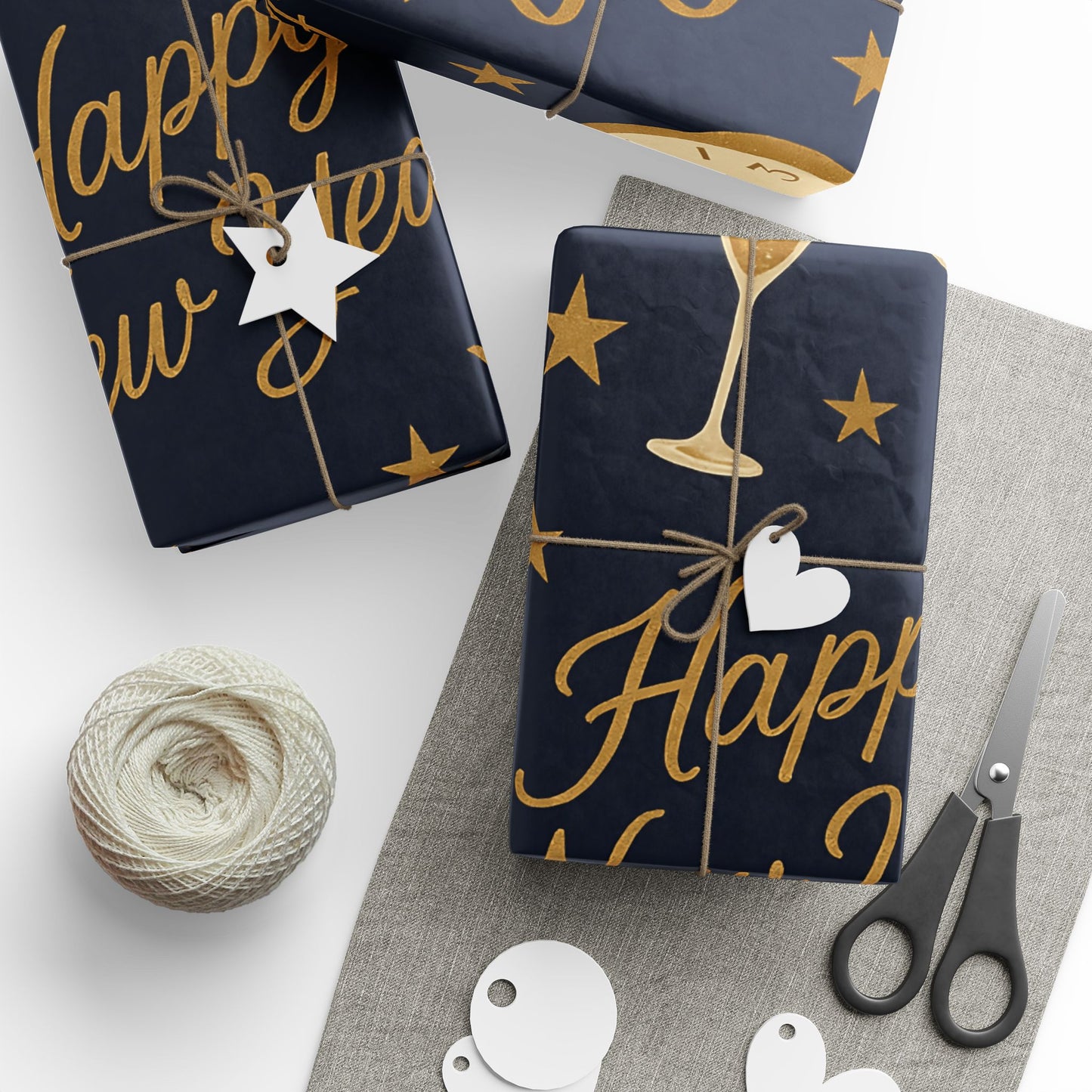Midnight Celebration New Year Wrapping Paper – Clocks, Champagne & Confetti on Navy