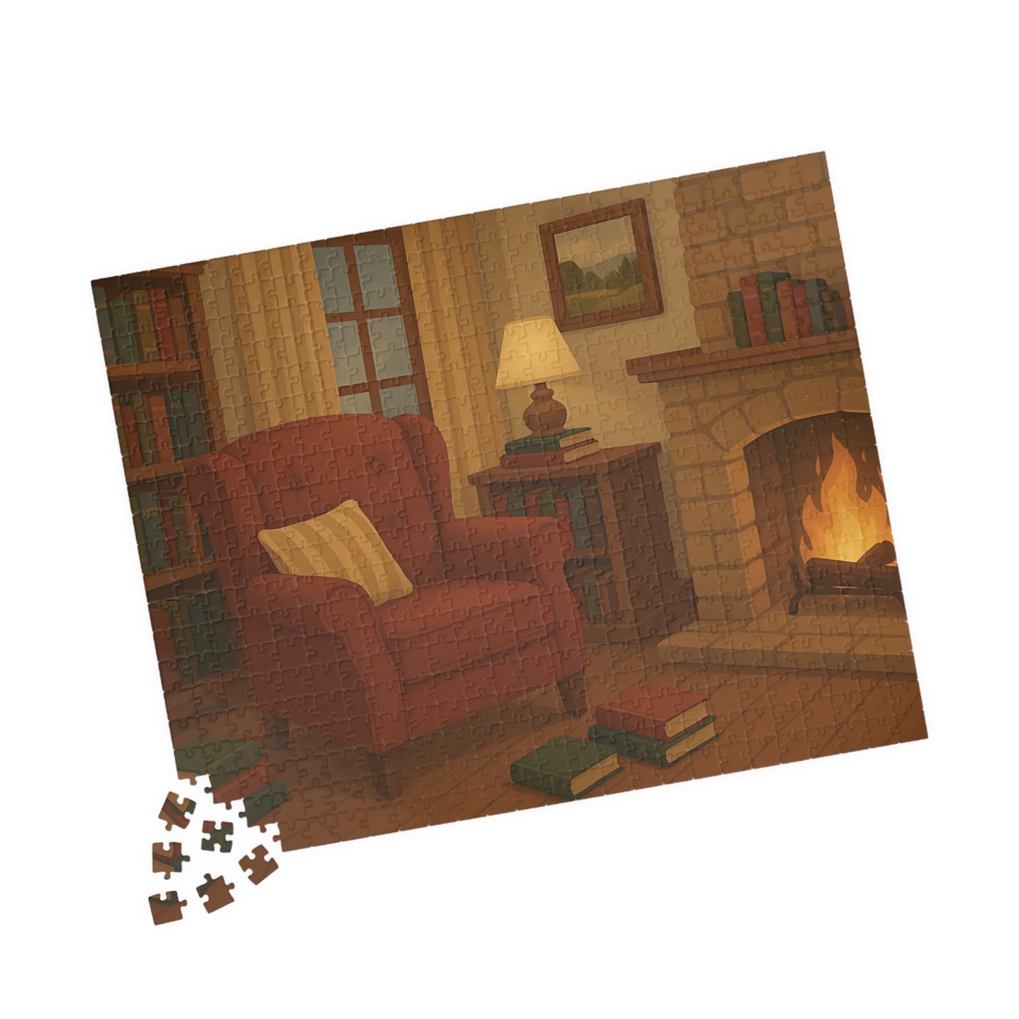 Cozy Reading Nook Jigsaw Puzzle – Fireplace & Armchair Scene