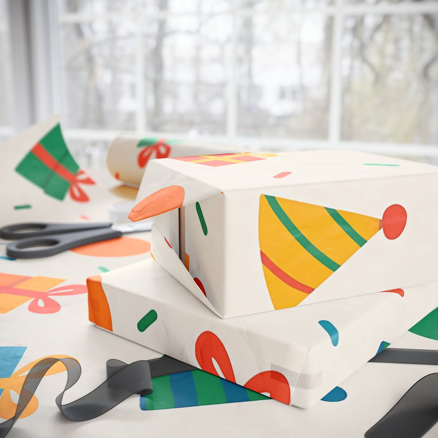 Colorful Birthday Party Wrapping Paper – Balloons, Gifts & Confetti on Cream Background