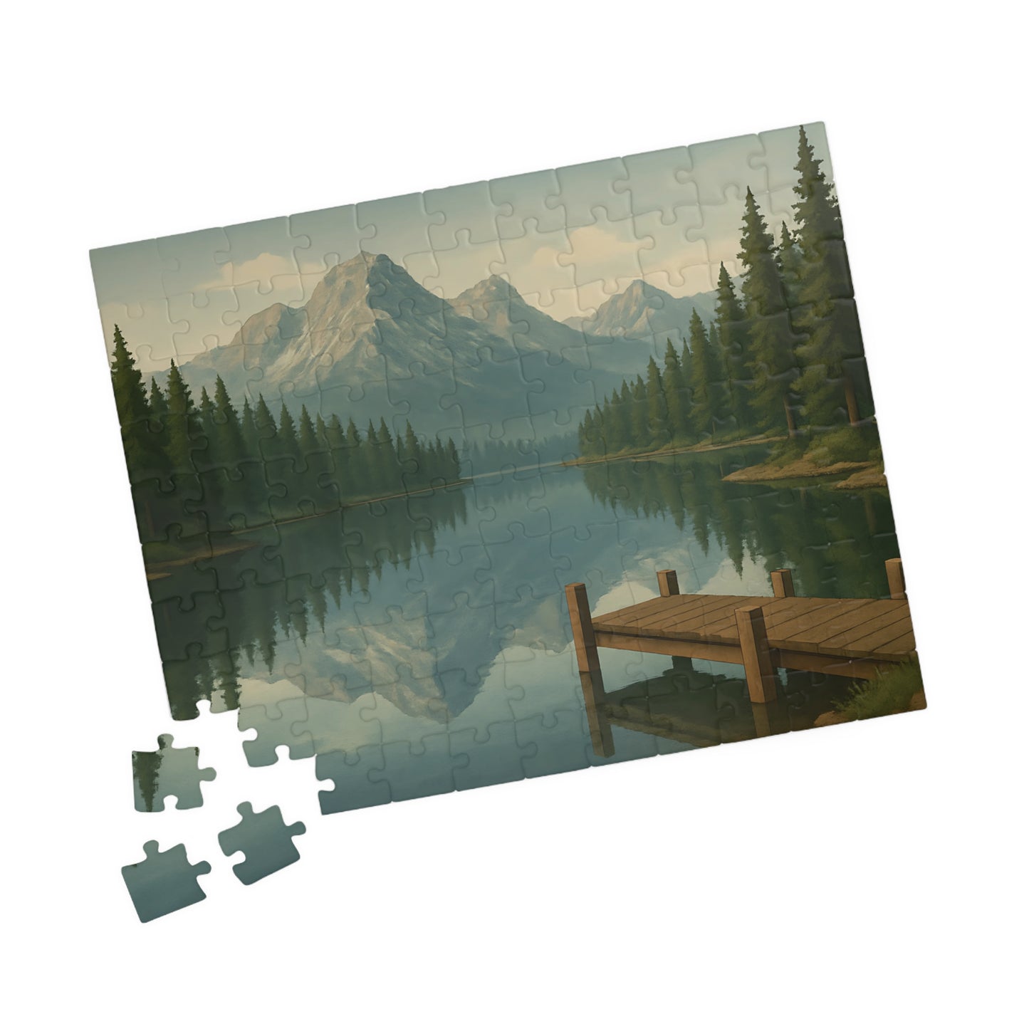 Mountain Lake Reflection Jigsaw Puzzle – Scenic Nature Dock View