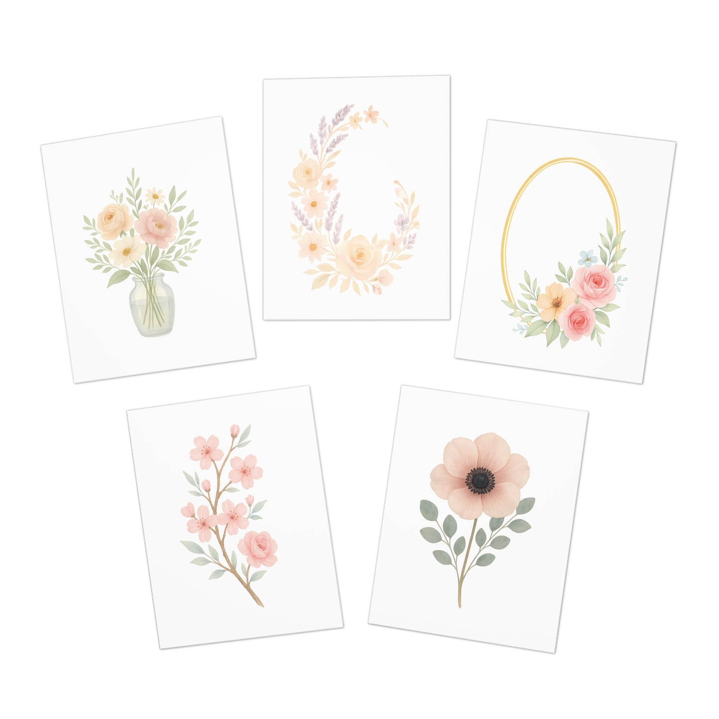 Blush Floral Greeting Card Set – 5 Blank Note Cards with Envelopes, Watercolor Flower Designs