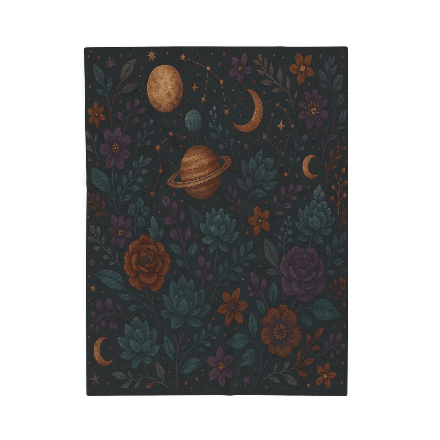 Celestial Garden Velveteen Plush Blanket – Planets, Flowers & Stars Design