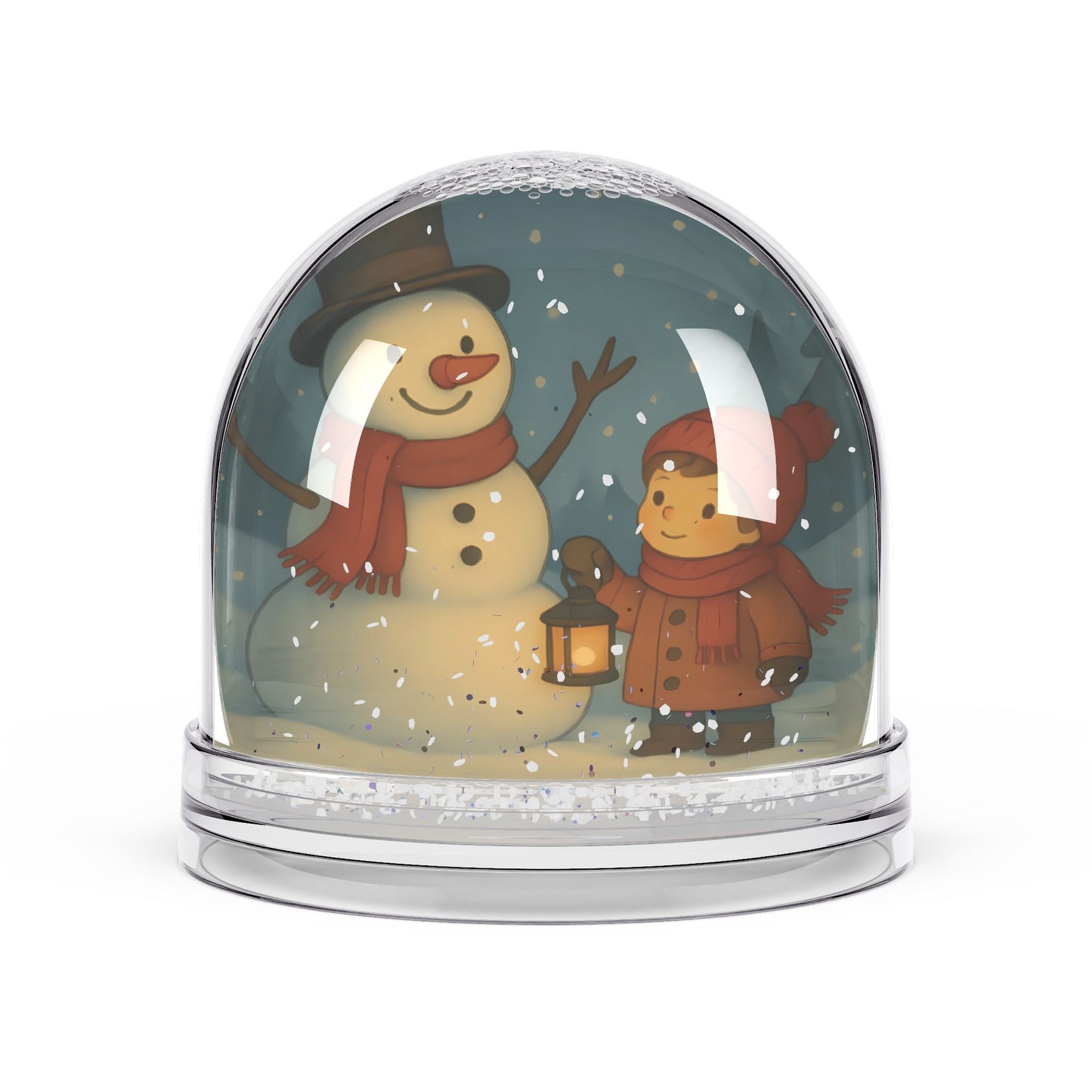 Snowman & Child Lantern Snow Globe – Whimsical Winter Scene with Two-Sided Print