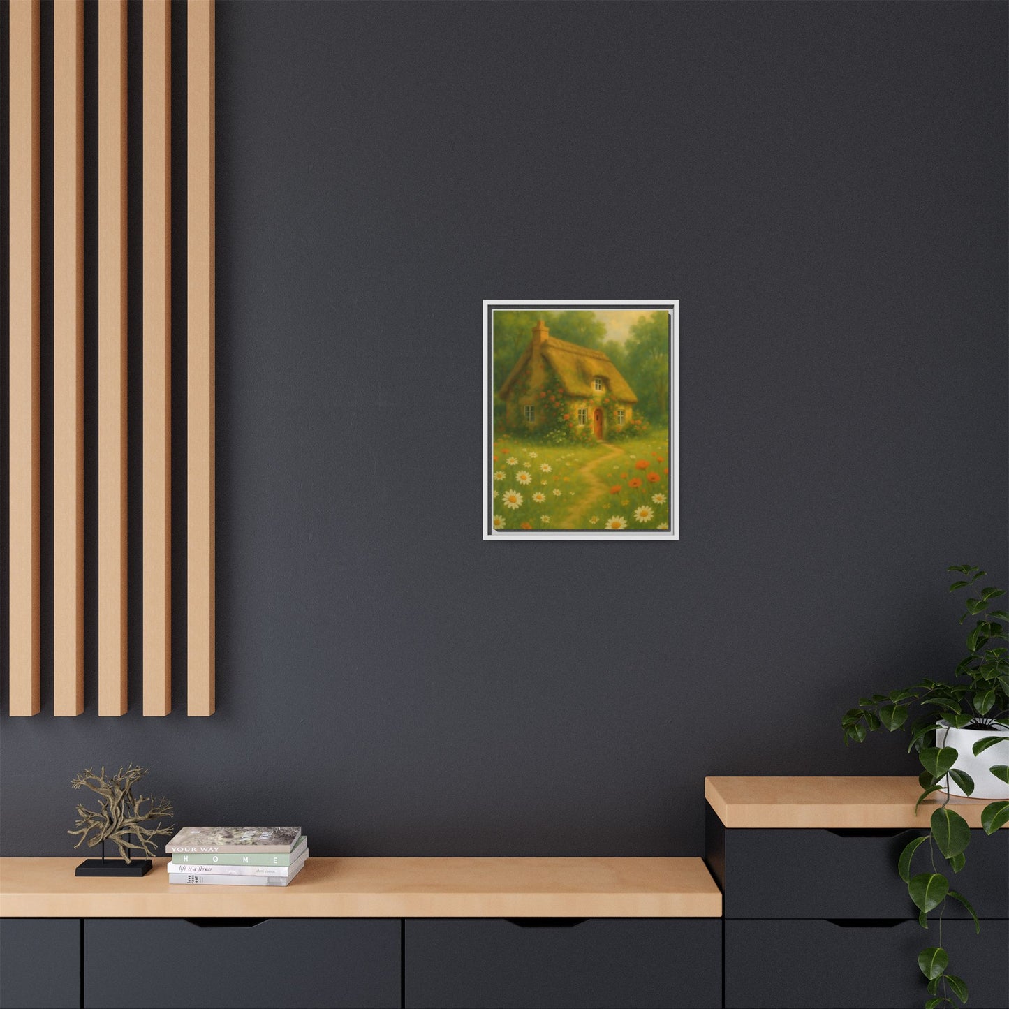 Cottage in Bloom – Framed Matte Canvas Art of Thatched Cottage & Wildflowers