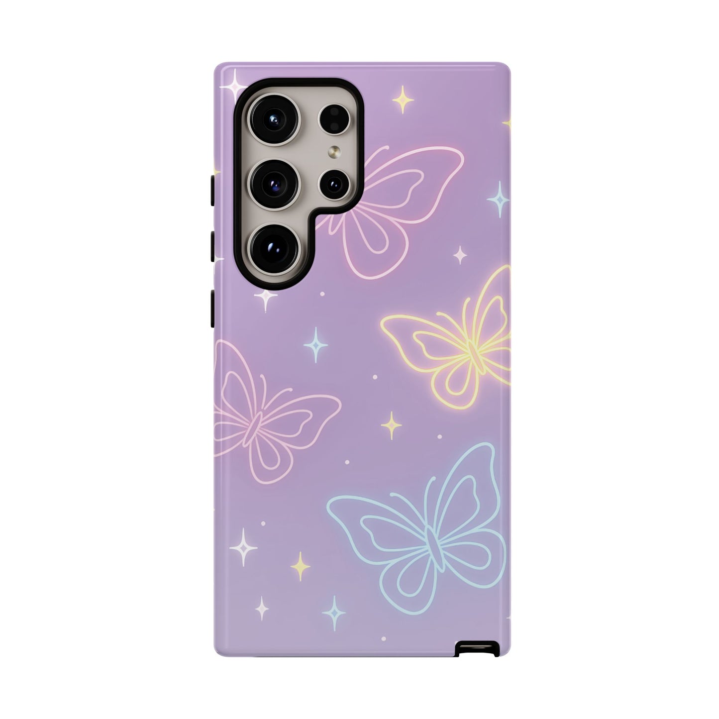 Pastel Butterfly Dream Phone Case – Purple Neon Glow with Stars
